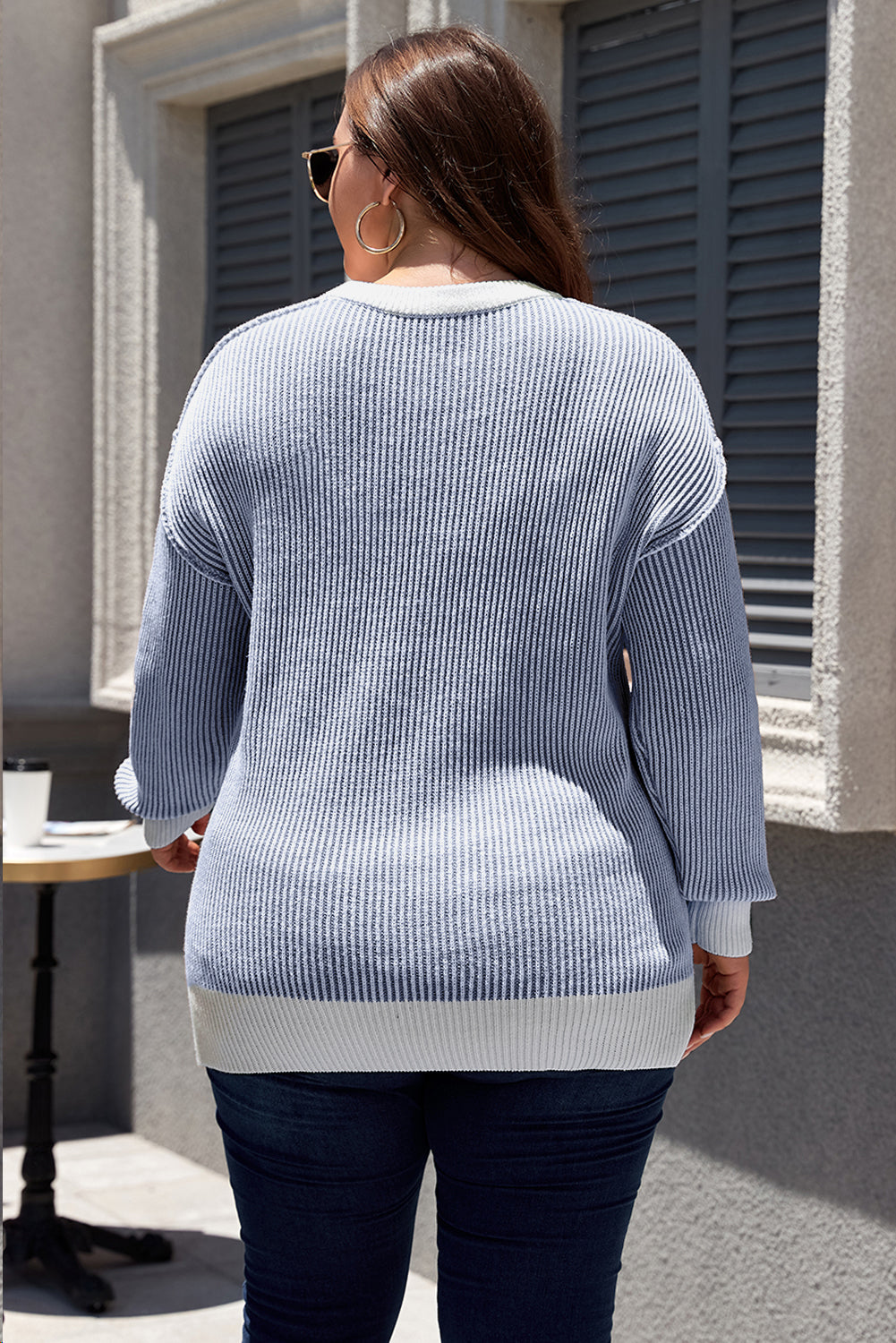 Brown Stripe Plus Size Contrast Trim Crew Neck Rib Knit Drop Shoulder Sweater