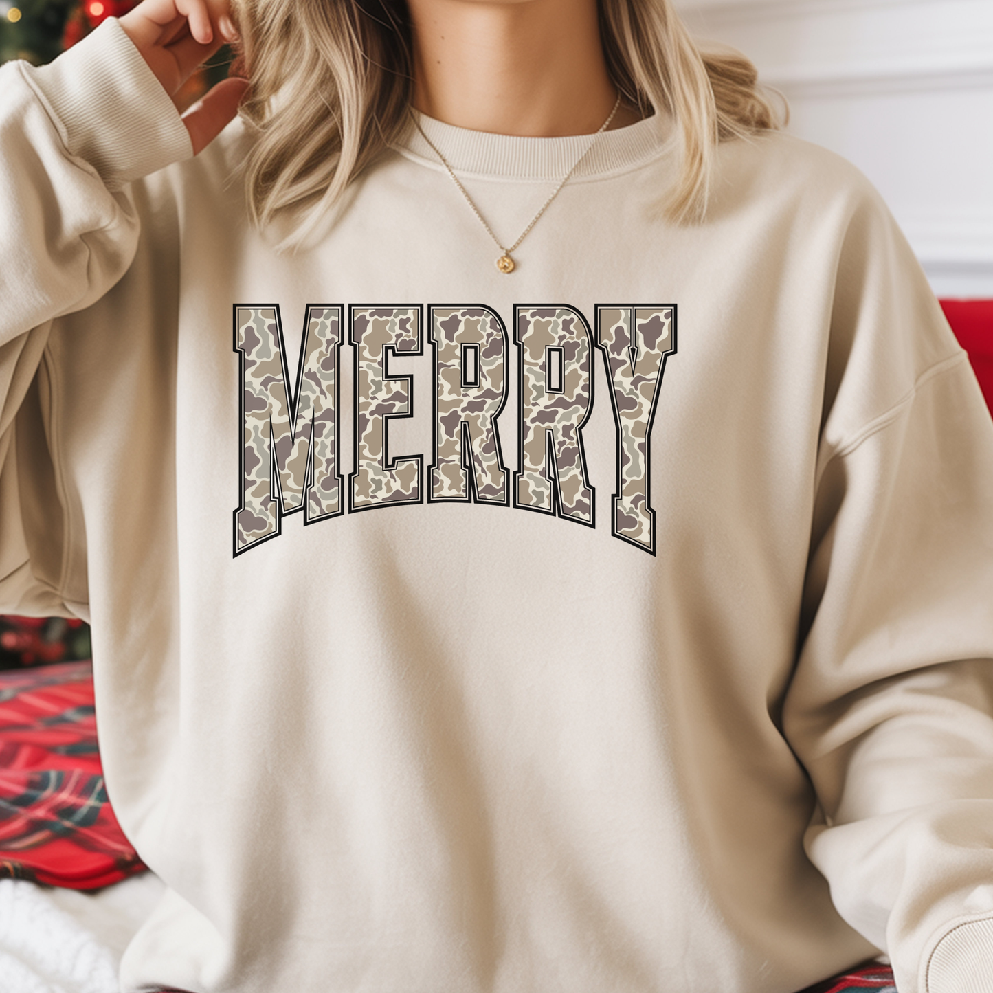 Merry Camo Sweatshirt, Holiday Gift, Cozy Festive Fashion