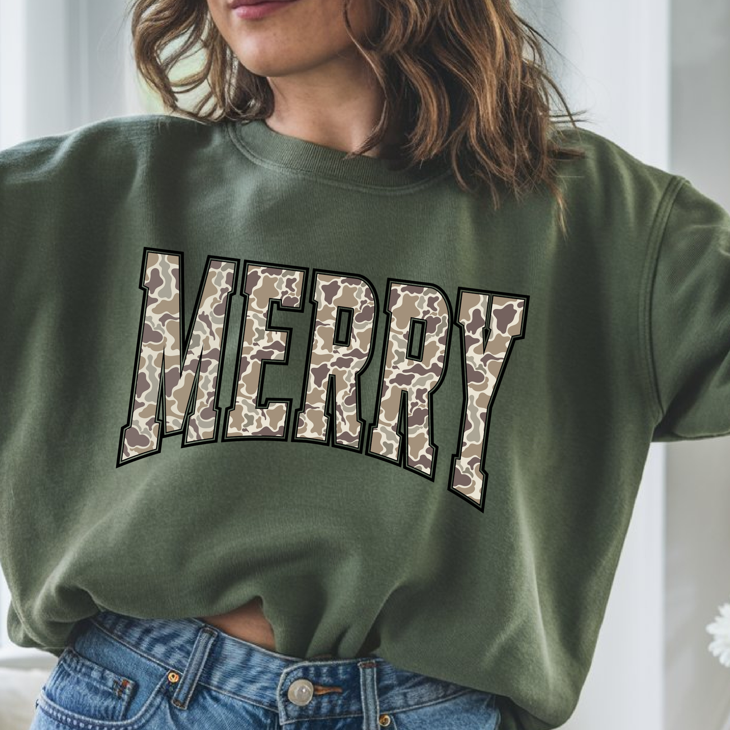 Merry Camo Sweatshirt, Holiday Gift, Cozy Festive Fashion